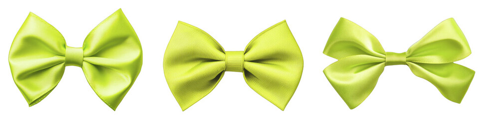 Three chartreuse bow ties isolated on a transparent background, PNG image, PNG file.