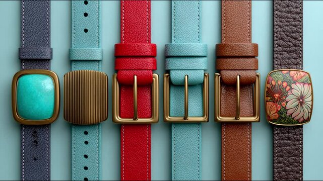 A close up of colorful leather belts with decorative buckles arranged on a light blue surface