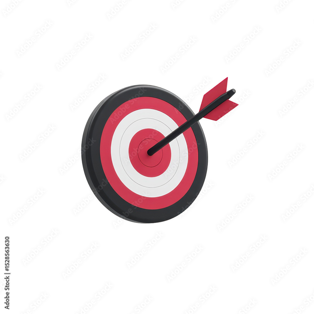 Poster red and white target with black arrow in center symbolizes precision and success. target is circular
