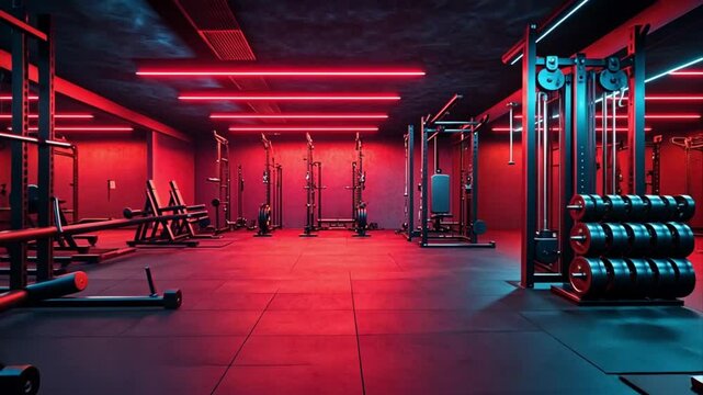 neon lit modern gym showcasing fitness equipment for strength training and weightlifting promoting health wellness and active lifestyle with cutting edge design