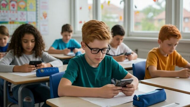 Students using smartphones in classroom