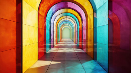 Colorful Archways Through Vibrant Tunnel of Glass with Reflections and Light Play in a Dreamlike Contemporary Artistic Space