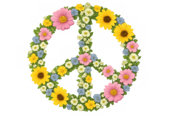 Colorful flower peace symbol assembled with vibrant blooms and verdant leaves, symbolizing unity against transparent backdrop