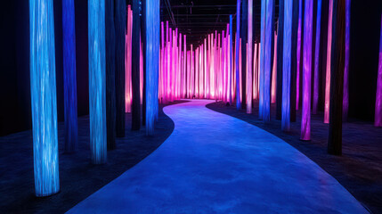 Enchanting Journey Through Vibrant Light Pathway Surrounded by Colorful Interactive Sculptures in a Modern Art Installation