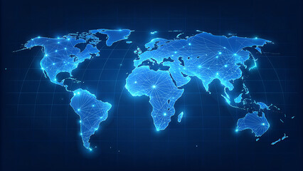 Fototapeta premium Glowing Blue World Map Network Data Flow Visualization Global Connections Illuminated Polygonal Lines Bright Nodes