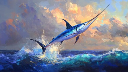 A majestic blue marlin leaps from the ocean waves against a vibrant sunset sky.