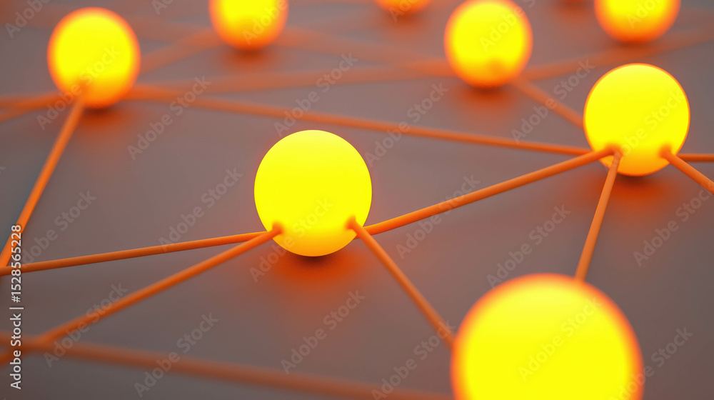 Poster abstract connection design with glowing yellow spheres and orange lines on a dark background for mod