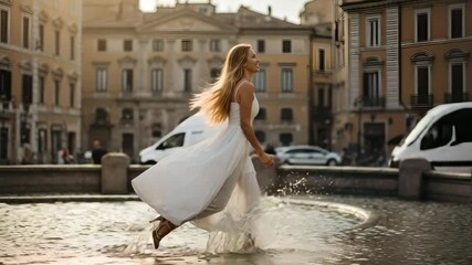 Woman in White Dress Spinning near Fountain - Powered by Adobe