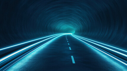 Futuristic tunnel with glowing lights and smooth road surface in ambient blue tones, evoking a sense of mystery and endless journey ahead