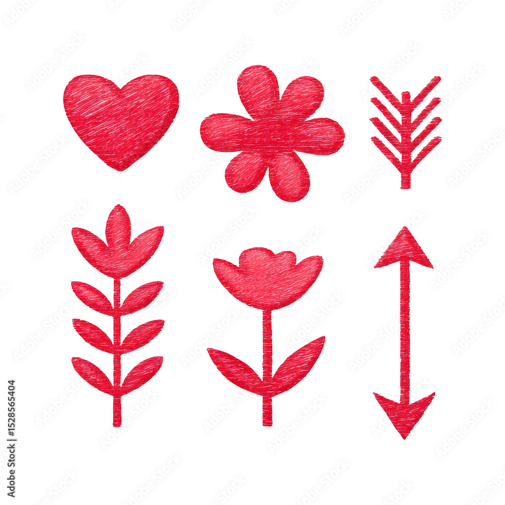 Poster red textured icons including heart, flower, and arrow, each with hand drawn style. set features vari