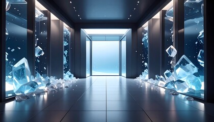 Blue corridor in modern building with a lot of diamonds 