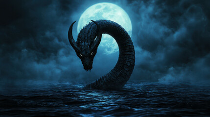 Serpentine Dragon Emerging from Dark Waters under a Full Moon, Surrounded by Mysterious Clouds and a Glowing Night Sky, Fantasy Artwork