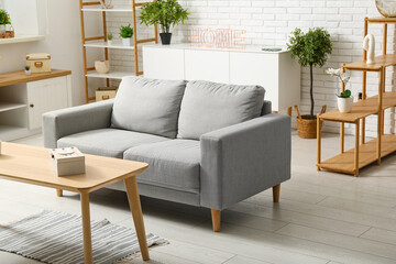 Stylish interior of living room with grey cozy sofa and houseplants