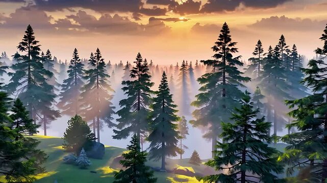 A peaceful, scenic silhouette of a forest at sunset, with tall pine trees standing still against a glowing orange sky