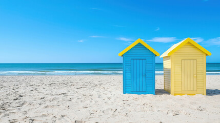 Colorful beach huts near the calm ocean under a bright blue sky creating a serene coastal landscape perfect for summer vacation imagery