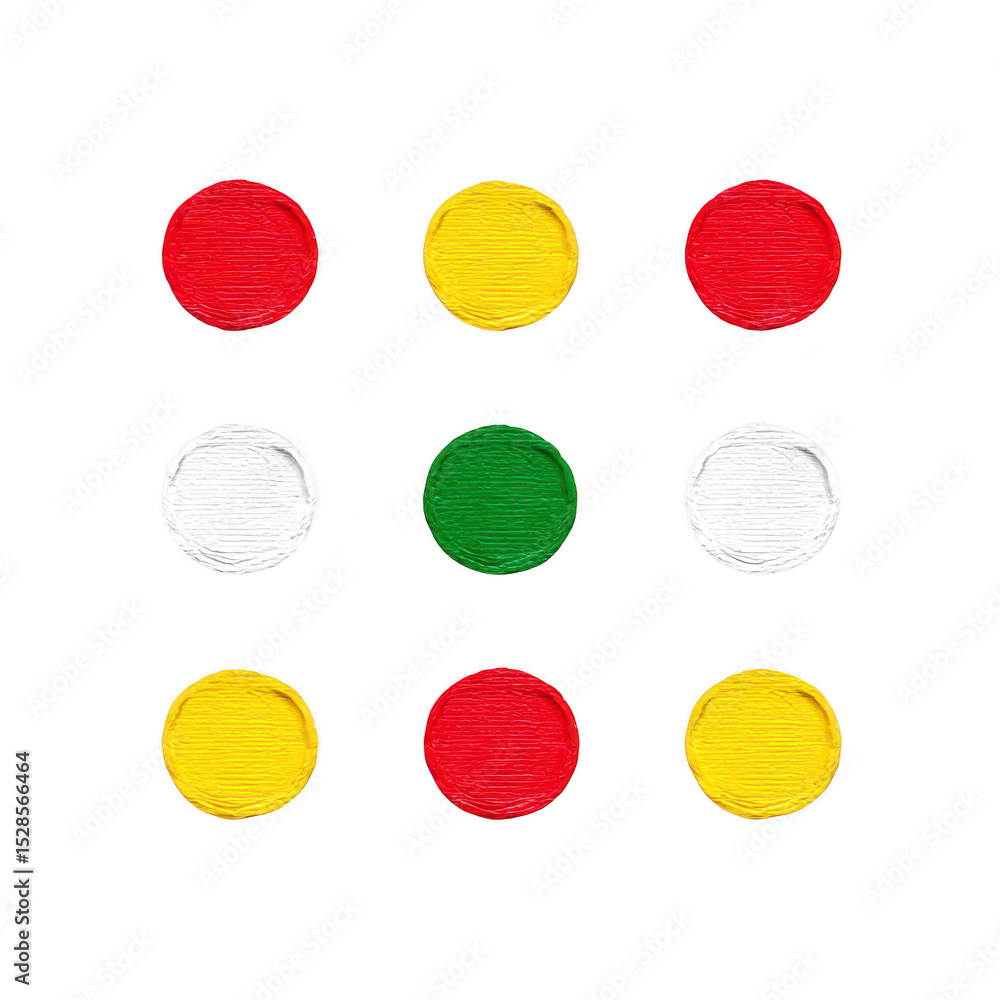 Poster nine colorful circles arranged in grid pattern on transparency background, featuring red, yellow, wh