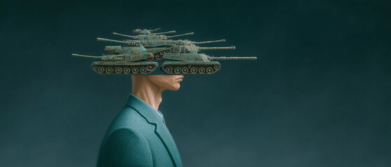 Surreal artwork of man with tanks as hat, symbolizing conflict and introspection