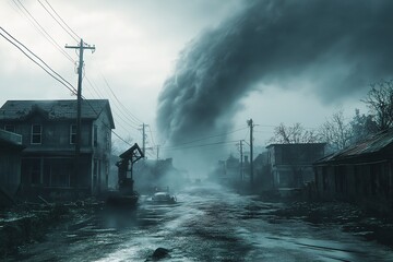 Fototapeta premium Abandoned Urban Downtown After Stormy Tornado - Witness the Devastating Chaos and Eerie Surreal Landscape