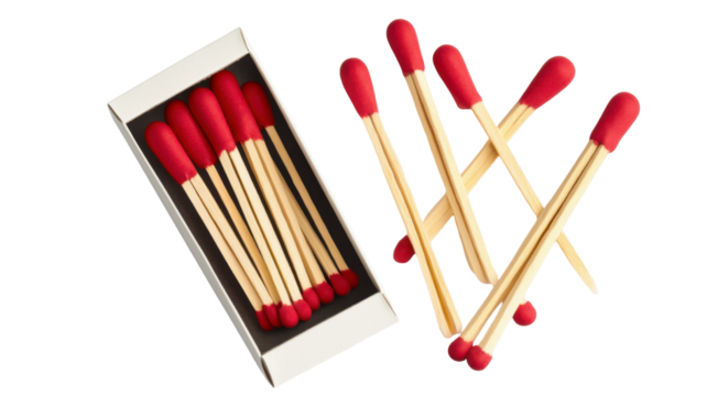 Closed and Open Matchbox with Wooden Matches Isolated on White Background