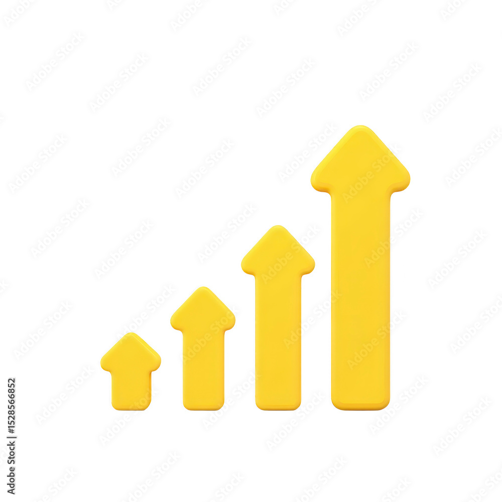 Poster yellow upward arrows of increasing size symbolize growth and progress on transparency background. im