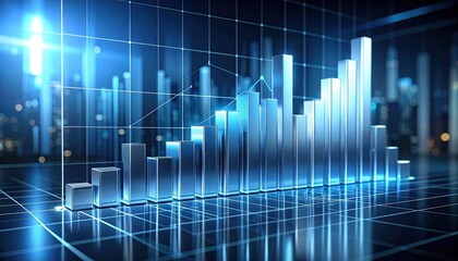 Ascending Metallic Bar Graph Shows Business Growth Against Cityscape Background