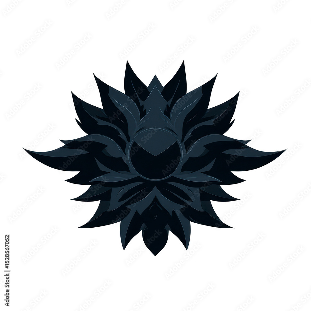 Poster dark, abstract floral design with sharp, symmetrical petals radiating from central point, creating s