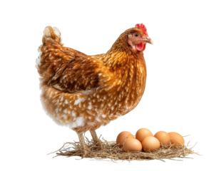 Brown hen stands proudly beside nest of fresh eggs, showcasing its vibrant feathers and attentive demeanor. This captures essence of farm life and nurturing role of hens