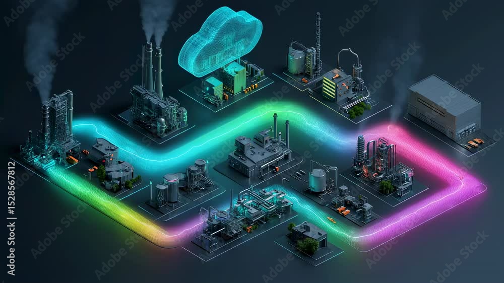 Poster glowing multicolored path connecting industrial plant with storage units and chimneys to cloud serve