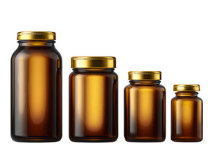 Amber glass jars in various sizes with golden lids, arranged in row, showcasing their elegant design and functionality. Perfect for storing organic products or homemade goods