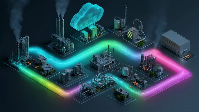 Glowing multicolored path connecting industrial plant with storage units and chimneys to cloud server, symbolizing data transfer and cloud computing in an industrial setting
