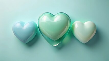 Obraz premium Three glossy heart shapes arranged on a pastel background, representing love, affection, and unity.