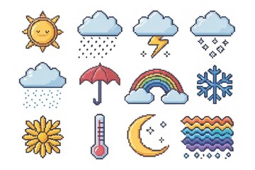 Obraz premium Colorful Pixel Weather Icons Set on White Background – 12 Cute Weather Symbols 