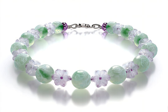 A photorealistic icy jadeite choker with plum blossom engravings and a translucent white jade
