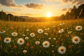 An illustration of a meadow at sunrise with daisies and wild flowers