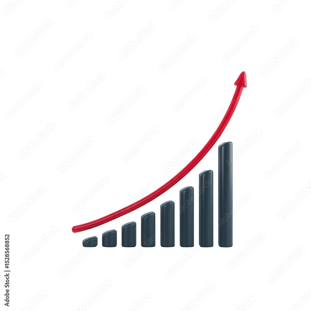 Poster 3d bar graph with red upward arrow represents growth and success. bars increase in height from left 