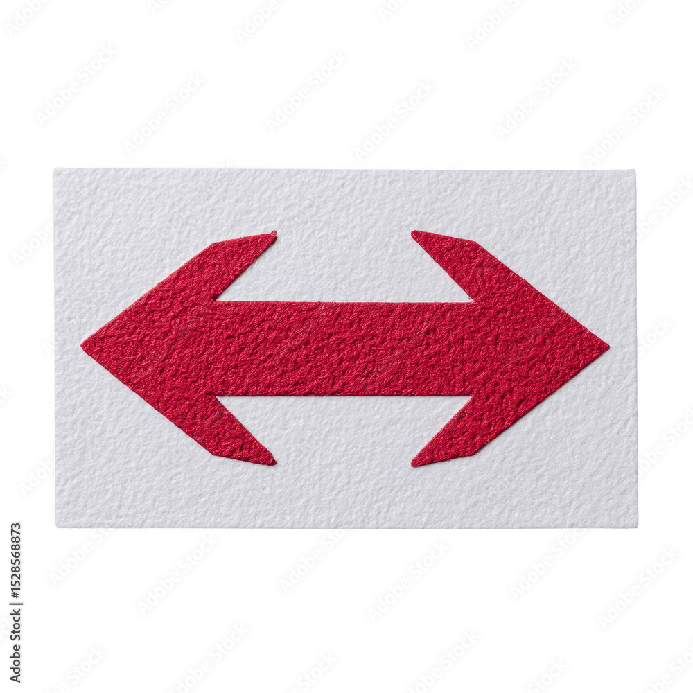 Poster red double headed arrow symbol on textured transparency background, indicating direction or choice. 