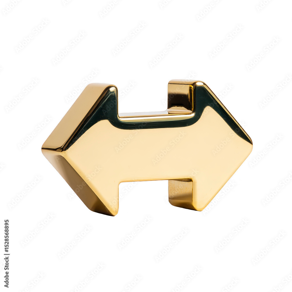 Poster shiny gold double arrow icon with reflective surface, symbolizing direction and choice. metallic fin