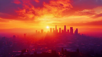 Obraz premium Stunning sunset over a vibrant city skyline, casting warm hues across urban landscapes.