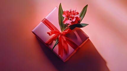 A beautifully wrapped pink gift box adorned with a red ribbon and a delicate flower.