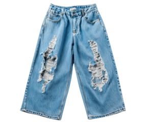 Distressed denim wide leg pants featuring large rips and vintage style, perfect for casual and trendy look. These jeans offer relaxed fit and are ideal for everyday wear