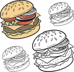 A detailed black and white illustration of a classic, fully loaded burger