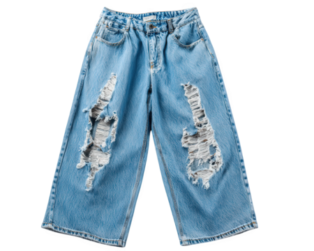 Distressed denim wide leg pants featuring large rips and vintage style, perfect for casual and trendy look. These jeans offer relaxed fit and are ideal for everyday wear