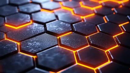 Futuristic dark hexagon pattern with glowing orange light, abstract background motion - Powered by Adobe