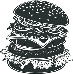 A detailed black and white illustration of a classic, fully loaded burger