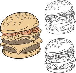 A detailed black and white illustration of a classic, fully loaded burger