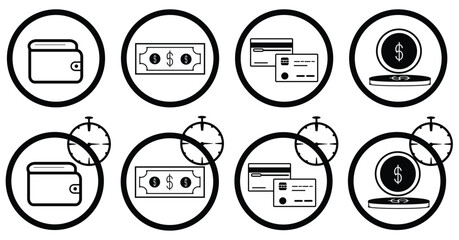 coin wallet icon and dollar bills and credit card with loan