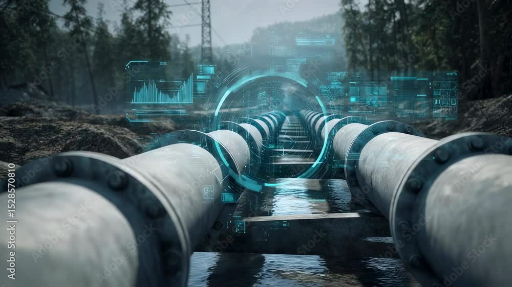 Poster innovative technology monitors water flow and pressure in pipeline infrastructure, ensuring efficien
