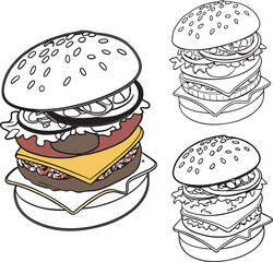 A detailed black and white illustration of a classic, fully loaded burger