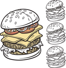 A detailed black and white illustration of a classic, fully loaded burger
