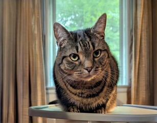 Close-up of a tabby cat sitting on a gray table indoors, framed by curtains and a window. The cat looks at the camera, conveying a calm, contemplative mood in natural light.